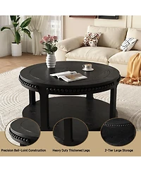 The Pop Home 31.5" Round Coffee Table, 2-Tier Solid Wood Accent Table with Shelf