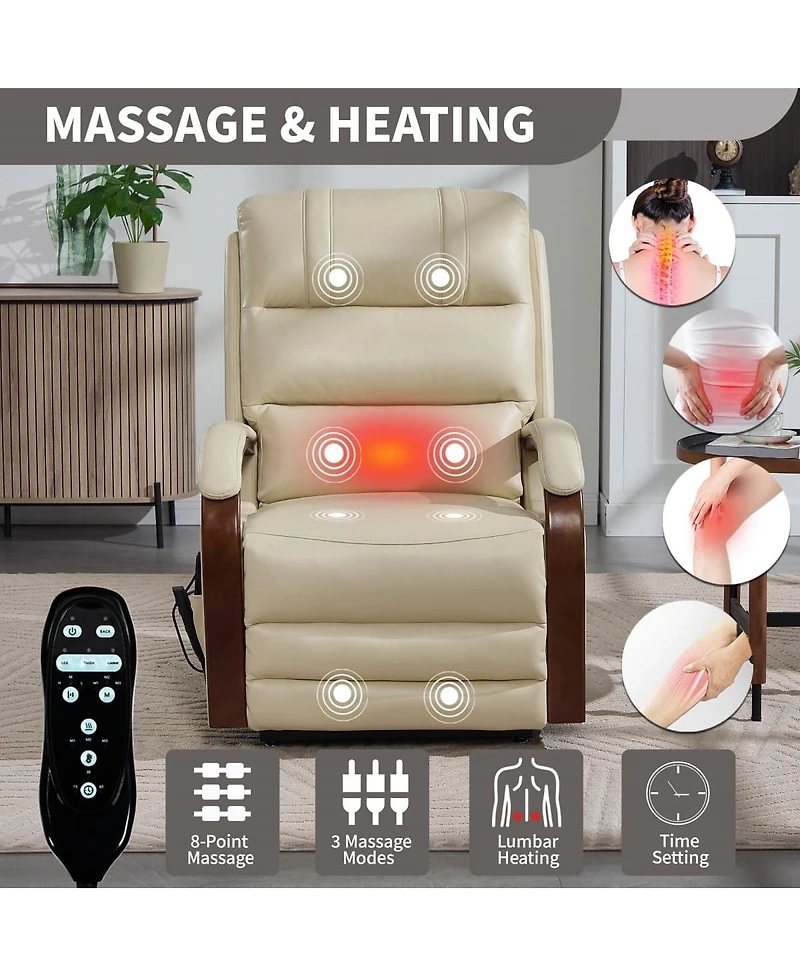 Maison Boucle Faux Leather Power Lift Chair for Elderly with Heat and Massage, Dual Motor Infinite Position Electric Recliner Solid Wood Armrests