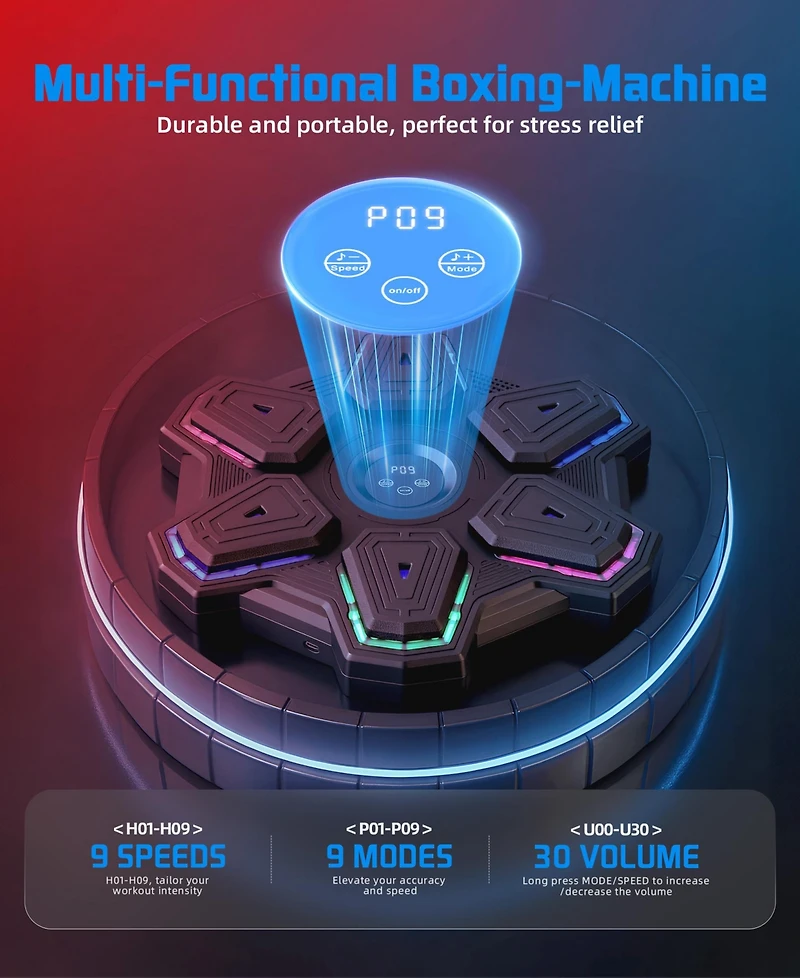 Sugift Music Boxing Machine, Bluetooth and Led, Wall-Mounted Punching Pad with Gloves, 9 Modes and Speeds for Adults and Kids