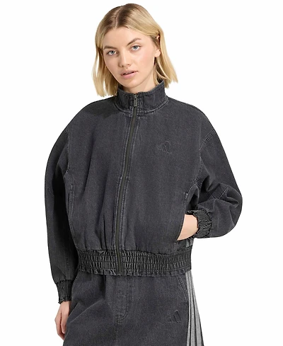adidas Women's Stadium Washed Denim Bomber Loose-Fit Jacket