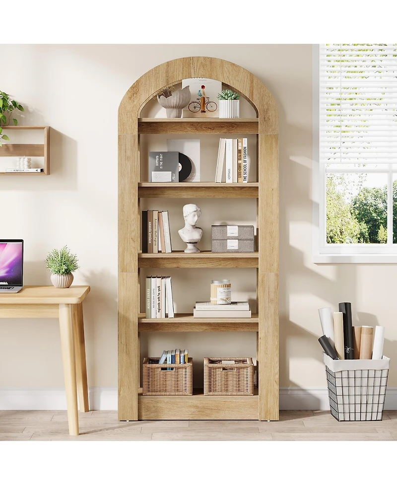 Tribesigns 70.87" Tall Arched Bookshelf, Rustic Oak Bookcase with 5-Tier Storage, Modern Decorative Display Shelf