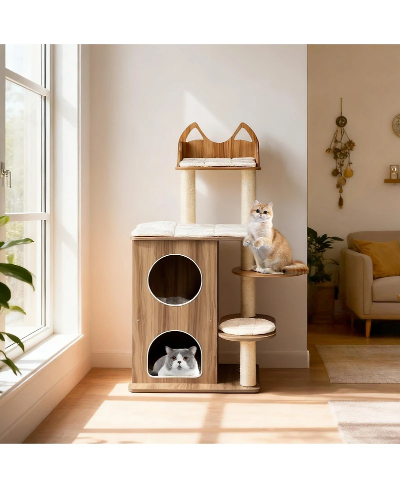Gymax Wooden Cat Tree 48'' Cat Tower for Indoor Cats With 2-floor Condo Cute Top Perch