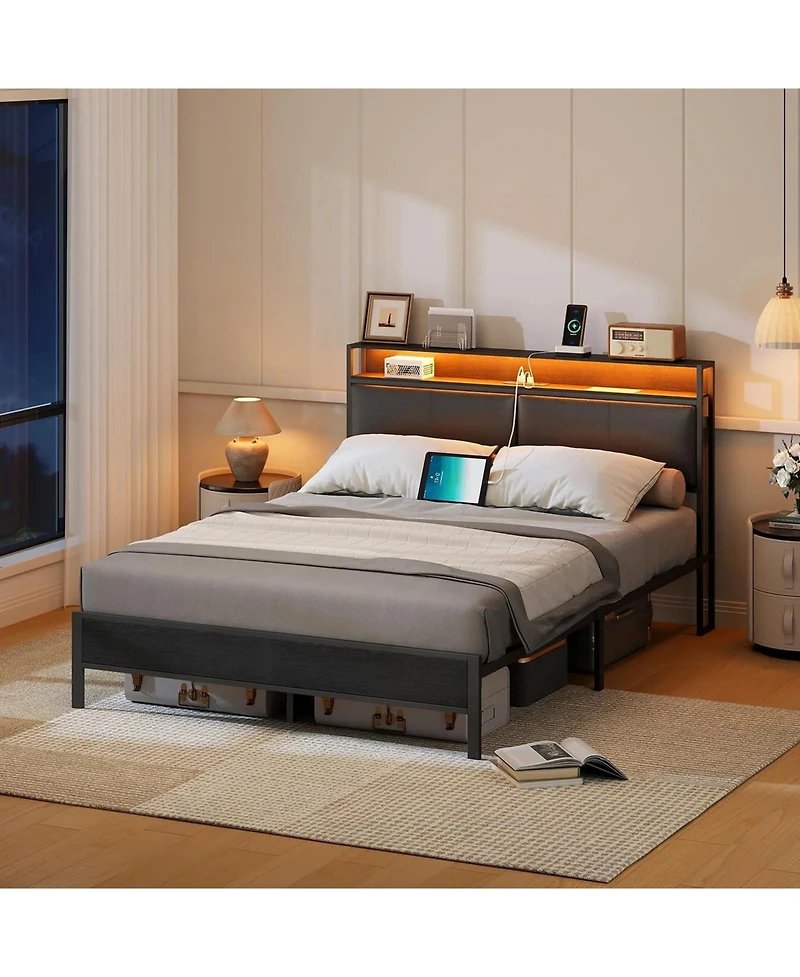 Slickblue Full Size Metal Bed Frame with Led Headboard, Charging Station and Noise-Free Design