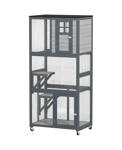 Ruie 74 inch Wooden Outdoor Cat House Catio on Wheels with 3 Perches