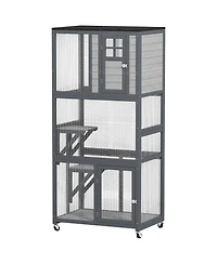 Ruie 74 inch Wooden Outdoor Cat House Catio on Wheels with 3 Perches