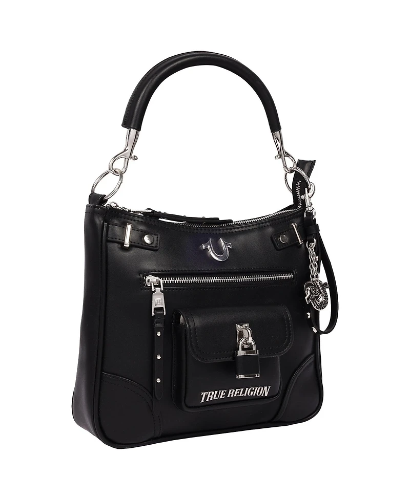 True Religion Moto Zip Top Hobo Bag with Lock Pocket Charm - Convertible Shoulder bag