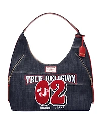 True Religion Varsity Logo Zip Pocket Denim Hobo Bag – Dark Denim Shoulder Purse