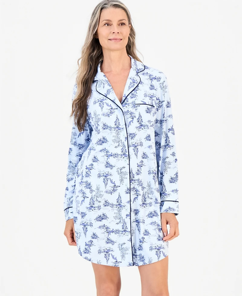Charter Club Women's Long-Sleeve Button-Front Notched Sleep Shirt, Macy's Exclusive