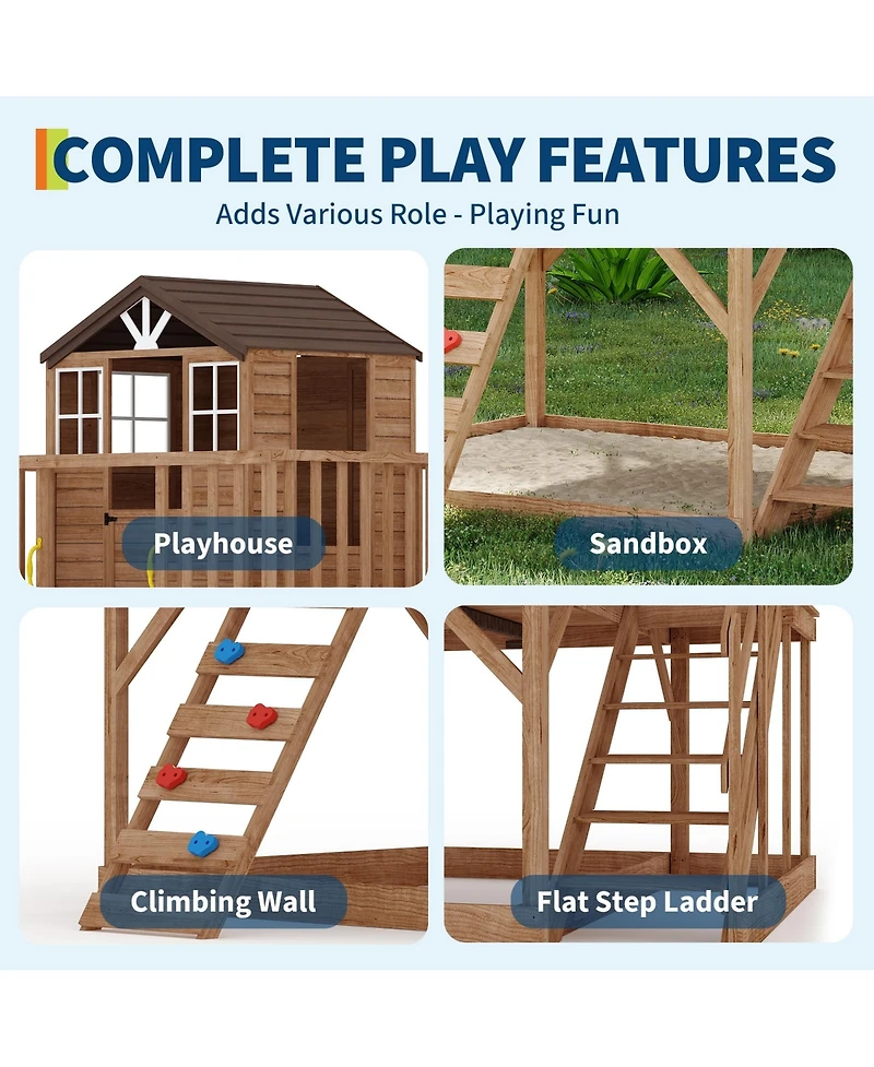 homfan 2 Story Wooden Playhouse, Brown Cedar Outdoor Playhouse with Climbing Wall and Step Ladder for Kids Ages 3 to 12