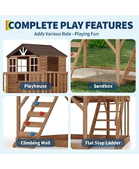 homfan 2 Story Wooden Playhouse, Brown Cedar Outdoor Playhouse with Climbing Wall and Step Ladder for Kids Ages 3 to 12