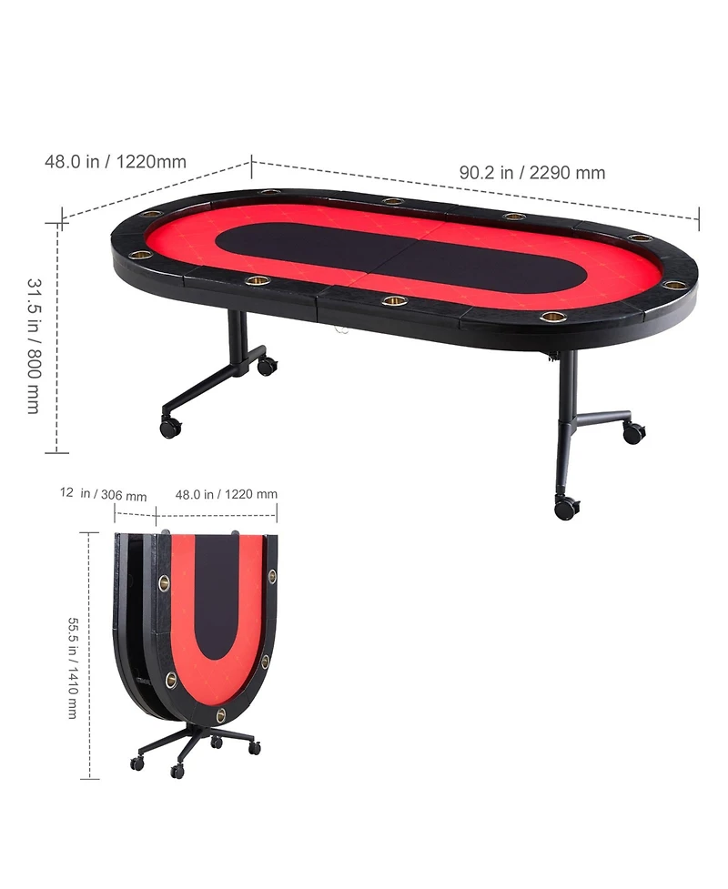 Sevorley 10-Player Foldable Poker Table, 90 inch Oval Casino Table with Padded Rails and Cup Holders