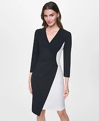 Dkny Women's Long Sleeve V-Neck Ruched Scuba Crepe Dress