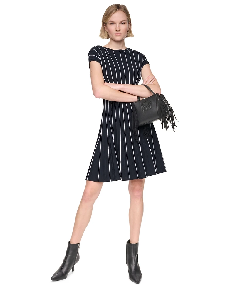 Dkny Women's Cap Sleeve Crew Neck Ribbed Fit and Flare Sweater Dress