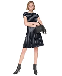 Dkny Women's Cap Sleeve Crew Neck Ribbed Fit and Flare Sweater Dress