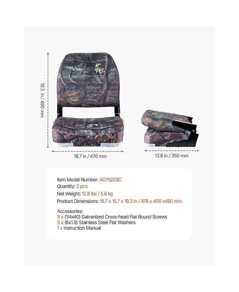 Sevorley Folding Low-Back Boat Seats, Camouflage, Set of 2