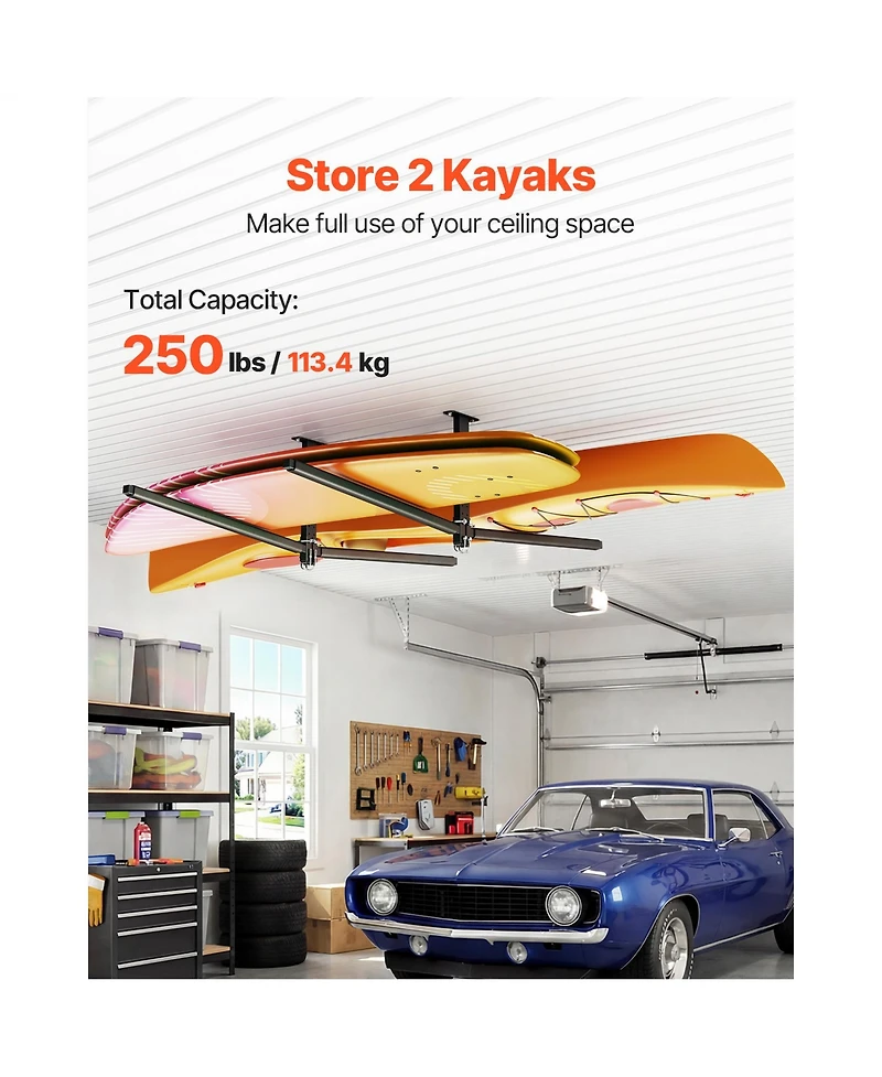 Sevorley Kayak Ceiling Storage Rack for 2 Kayaks, Overhead Steel Garage Hanger with Foam Arms, 250 lb Capacity