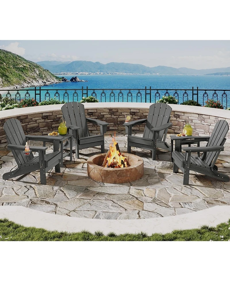 homfan Outdoor Folding Adirondack Chair Set of 4 with 2 Side Tables, Hdpe, Cup Holder.