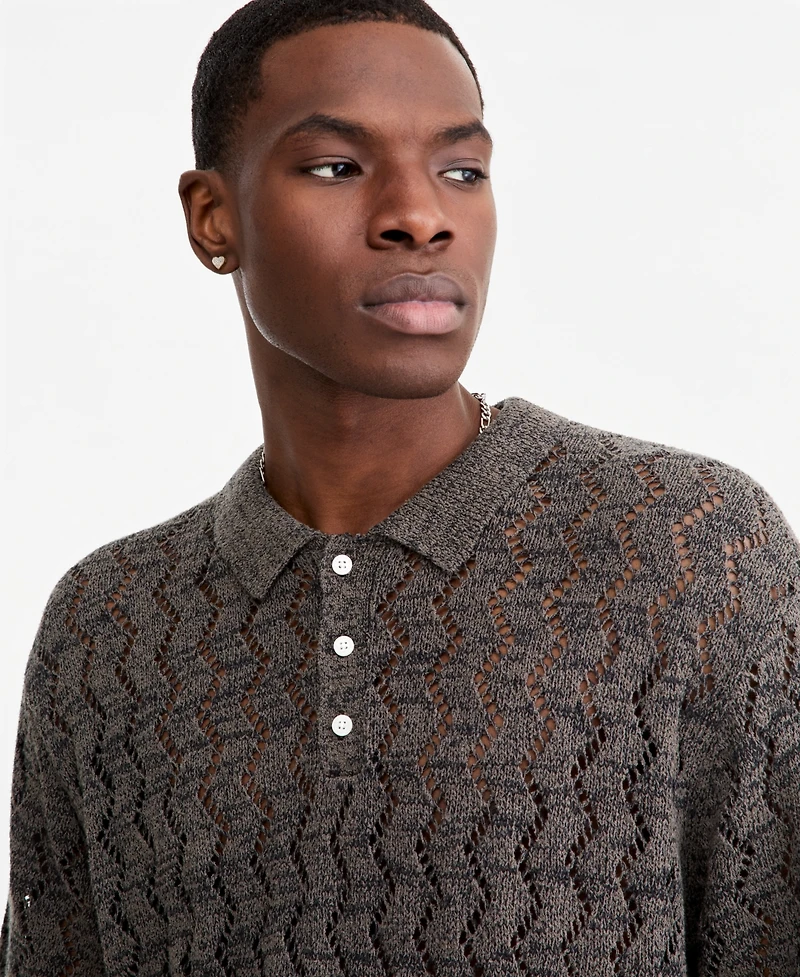 Mode of One Men's Zig Zag Trim Open-Knit Panel Classic Fit Polo Shirt, Macy's Exclusive