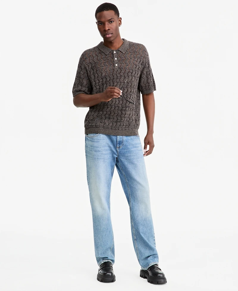 Mode of One Men's Zig Zag Trim Open-Knit Panel Classic Fit Polo Shirt, Macy's Exclusive