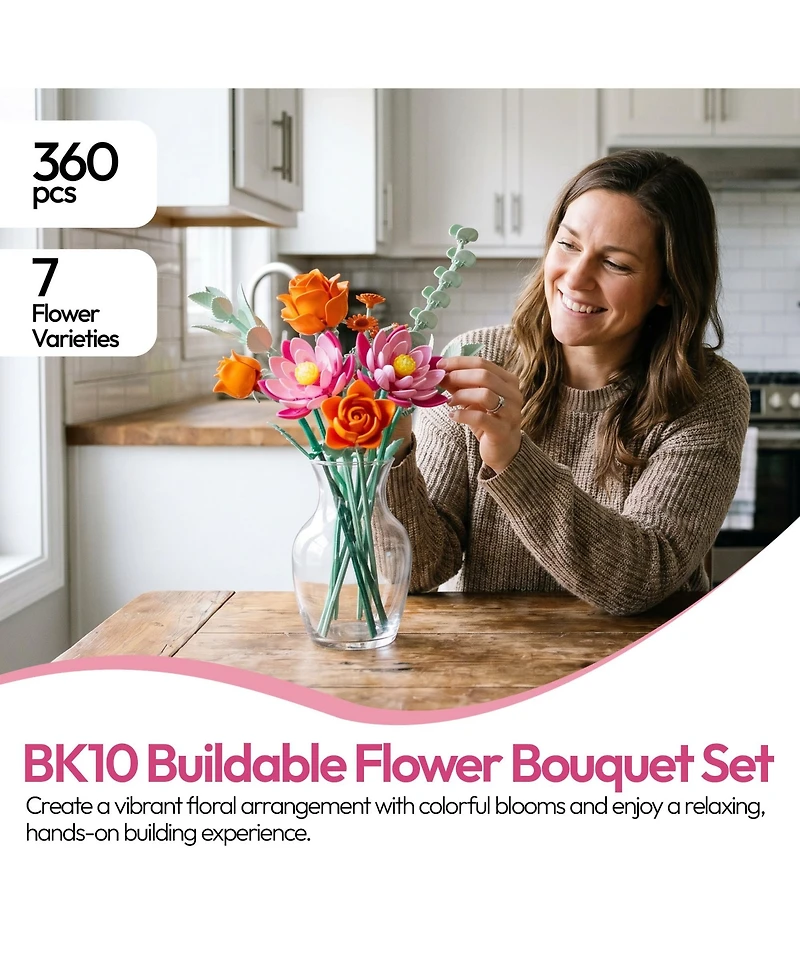 Contixo BK10 Flower Bouquet Building Set, 360-Piece Orange Rose & Pink Lotus Floral Brick Kit with Adjustable Stems, Creative Home Decor Gift, Ages 8+