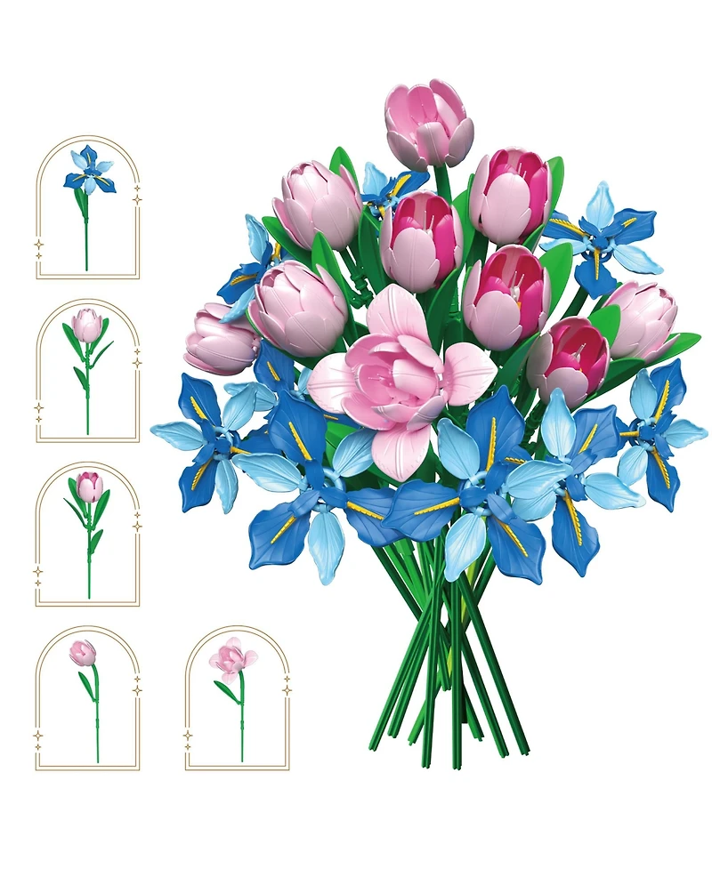 Contixo BK08 Tulip & Iris Flower Bouquet Building Set, 428-Piece Pink & Blue Floral Brick Kit with Adjustable Stems, Creative Home Decor Gift, Ages 8+