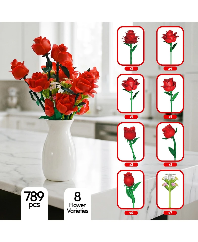 Contixo BK09 Rose Bouquet Building Set, 789-Piece Red Rose Floral Brick Kit with Adjustable Stems, Romantic Home Decor Gift for Kids & Adults Ages 8+