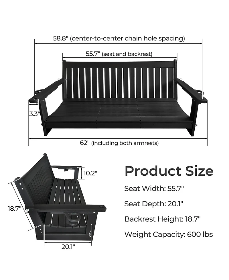 Innovaze 5 feet 3-Seater Hdpe Porch Swing with Chains, Weather-Resistant Outdoor Patio Bench with Cup Holders