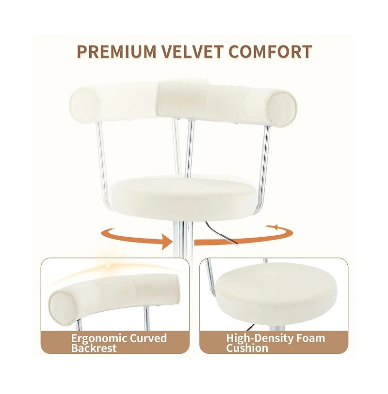 Maison Boucle Set of 2 Soft Velvet Upholstered Swivel Adjustable Bar Stools, 360-Degree Swivel Counter-Height Bar Chairs, Chrome Silver Base