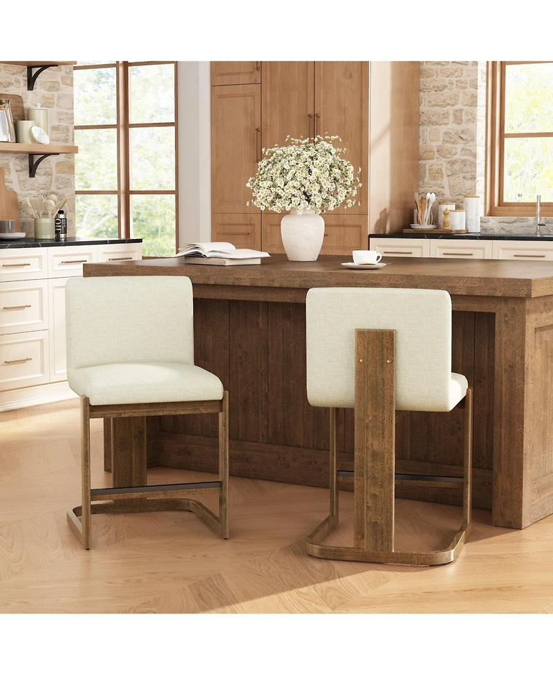 Maison Boucle Counter Height Bar Stools Set of 2 for Kitchen Island, 24" Solid Wood Barstools, Linen Upholstered Bar Chairs