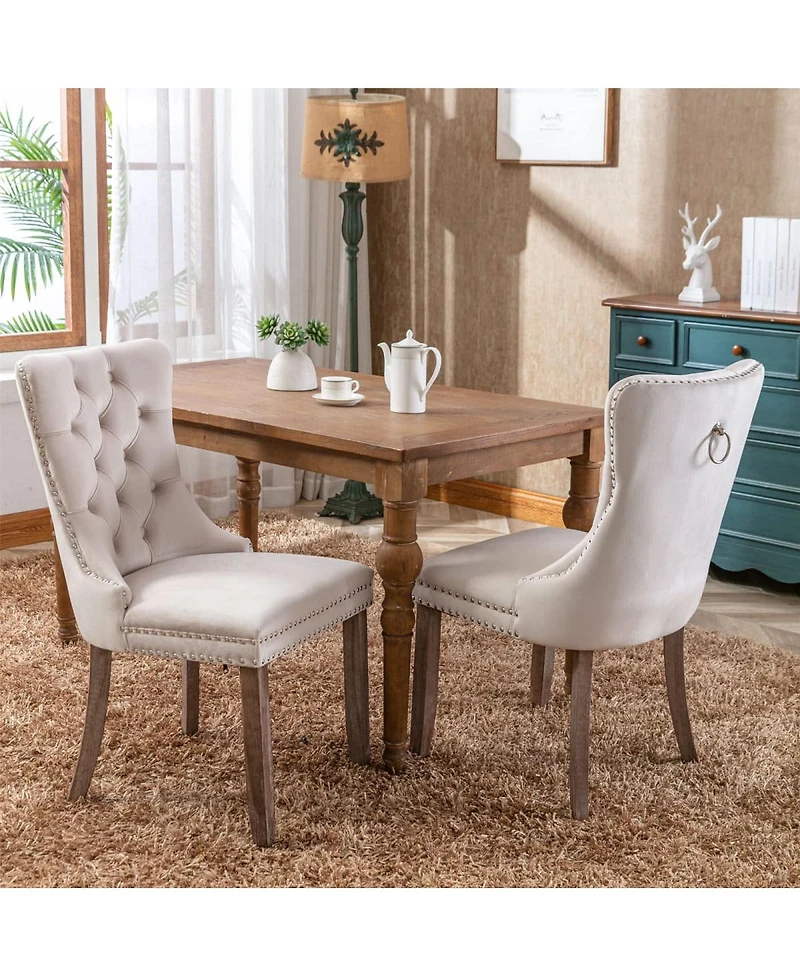 Maison Boucle Upholstered Dining Chairs , Beige Velvet Upholstery High-Back Side Chairs, Tufted Nailhead-Trim with Solid Wood Legs