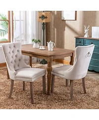 Maison Boucle Upholstered Dining Chairs , Beige Velvet Upholstery High-Back Side Chairs, Tufted Nailhead-Trim with Solid Wood Legs