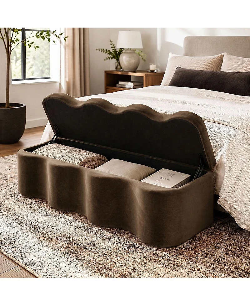 Maison Boucle 60" Modern Upholstered Storage Bench With Lift-Top Lid, End-of-Bed Ottoman Bench, Sculptural Curved Accent for Entryway or Hallway
