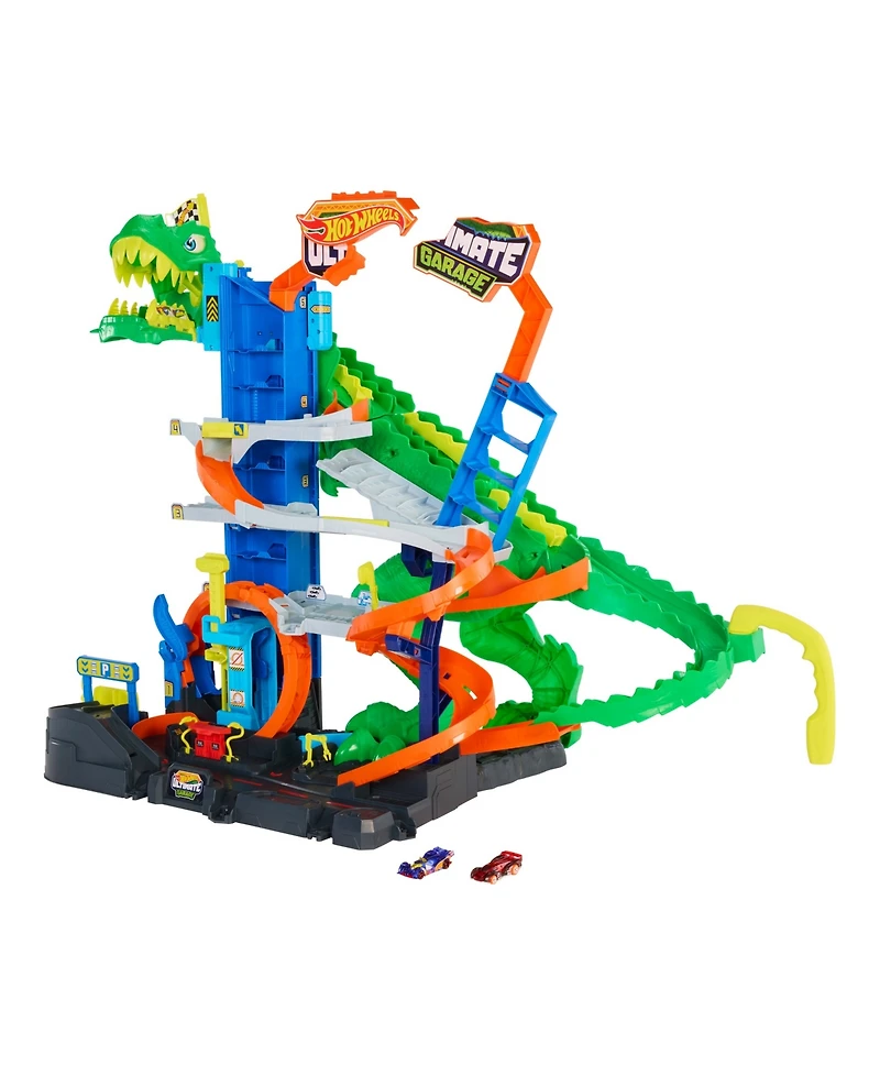 Hot Wheels 1:64 scale City Ultimate T-Rex Garage with 2 Toy Cars & Storage for 50+, Race & Stunt, Dino Nemesis