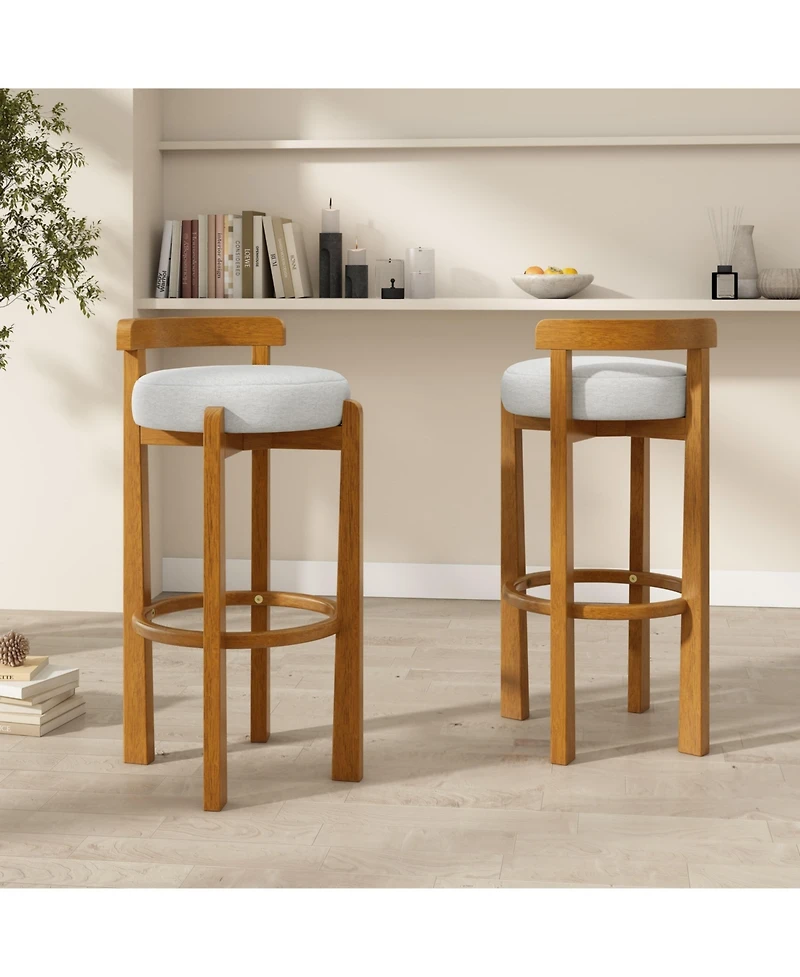 Maison Boucle Bar Height Stools Set of 2, Solid Wood Frame, Upholstered Round Seat, Low Back with Ring Footrest for Kitchen Island