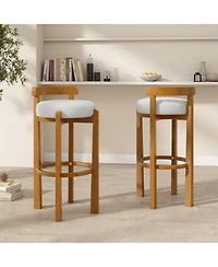 Maison Boucle Bar Height Stools Set of 2, Solid Wood Frame, Upholstered Round Seat, Low Back with Ring Footrest for Kitchen Island