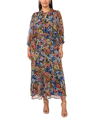 Vince Camuto Plus Size 3/4-Puff Sleeve Tie-Neck Maxi Dress