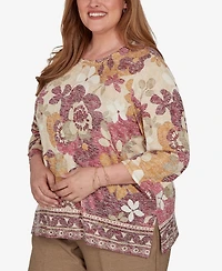 Alfred Dunner Plus Union Square Exploded Floral Geo Border Top