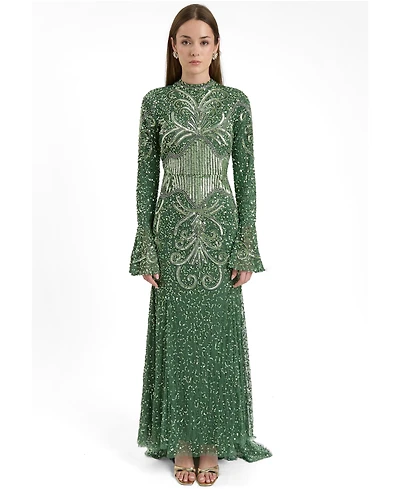 Maryisa Women's Modest Embellished Sequins Trail Maxi Dress