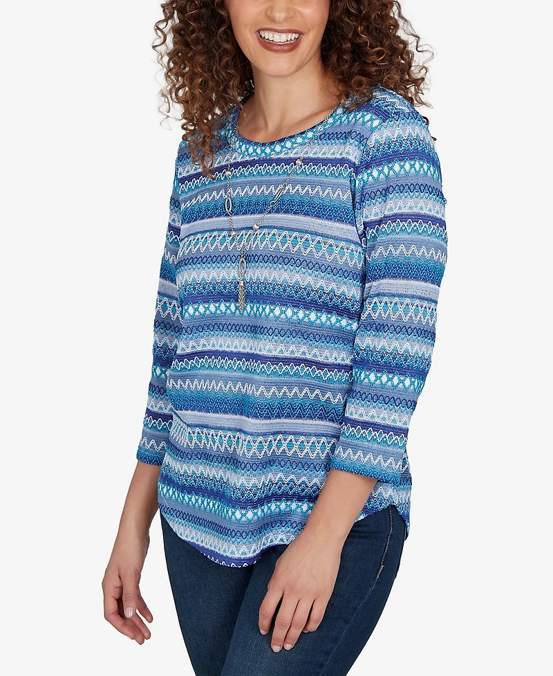 Alfred Dunner Petite Classic Textured Stripe Knit Top With Necklace
