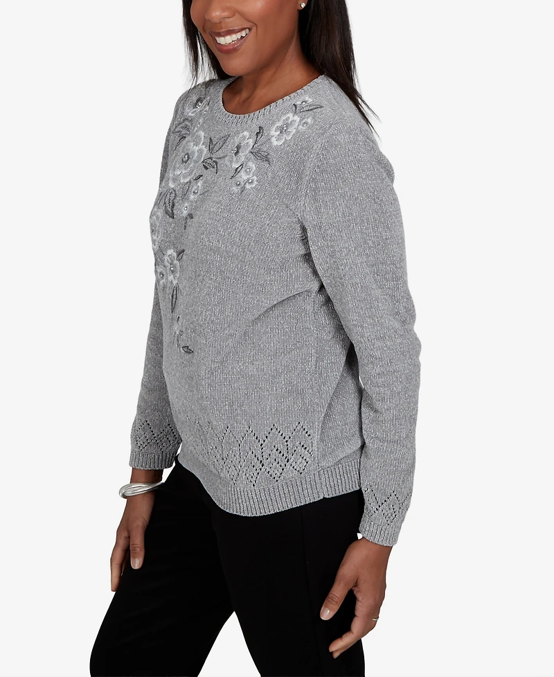 Alfred Dunner Petite Classic Embroidered Floral Textured Chenille Sweater