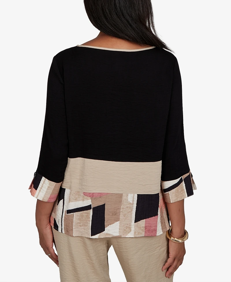 Alfred Dunner Petite Travel Advisory Spliced Patchwork Woven Top