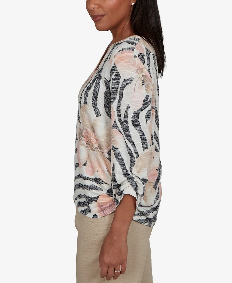 Alfred Dunner Petite Travel Advisory Animal Floral Henley Top