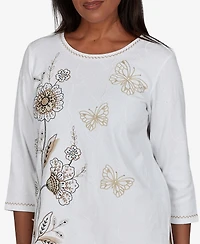 Alfred Dunner Petite Travel Advisory Floral Butterfly Line Embroidered Top