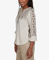Alfred Dunner Petite Travel Advisory Geo Embroidered Printed Back Top