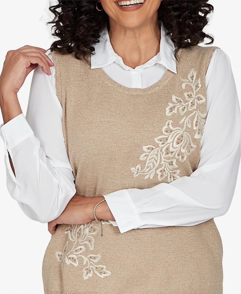 Alfred Dunner Petite Union Square Embroidered Vest Two One Sweater