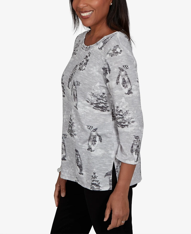 Alfred Dunner Petite Classic Penguins And Trees Knit Top
