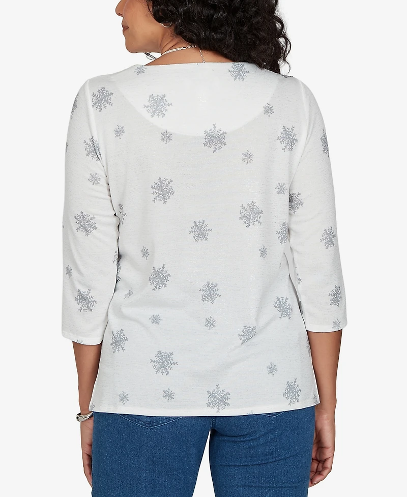 Alfred Dunner Petite Classic Shimmering Snowman Knit Top