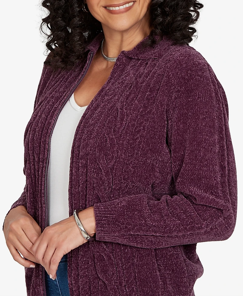Alfred Dunner Petite Classic Cable Chenille Zip Cardigan Sweater