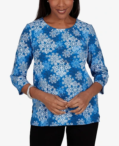 Alfred Dunner Petite Classic Blue Snowflake Print Knit Top