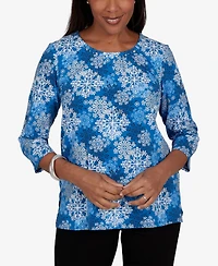 Alfred Dunner Petite Classic Blue Snowflake Print Knit Top